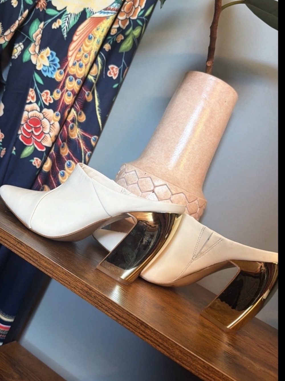 Gianni Bini Cream Leather Mules with Gold Sculpted Heel | 9